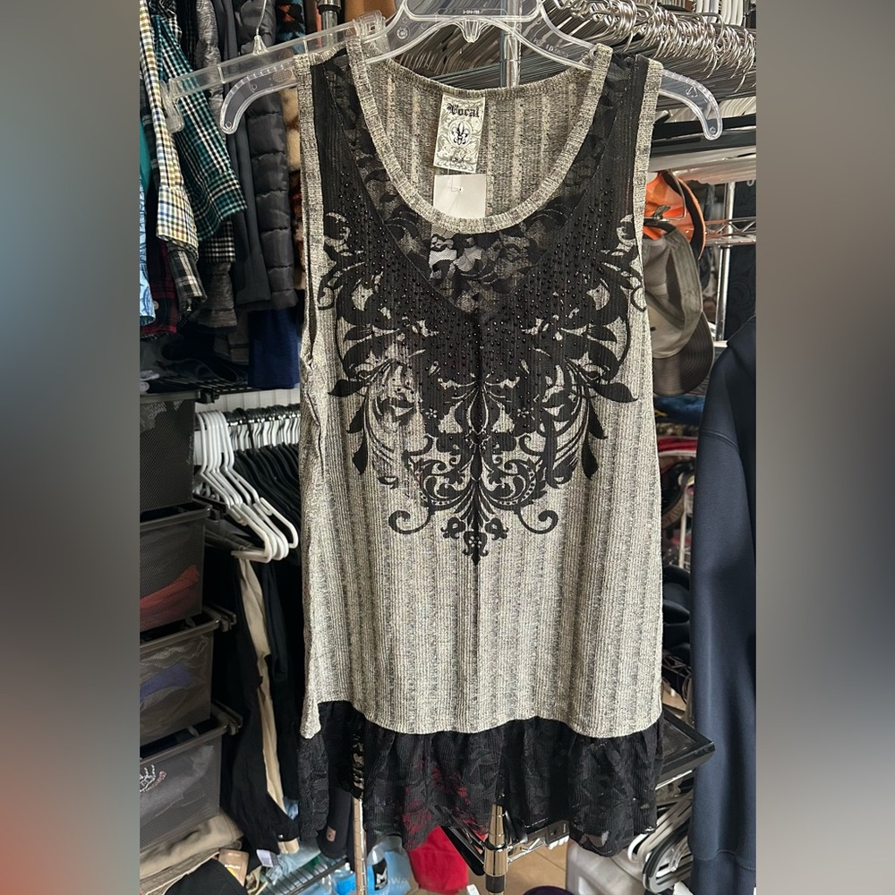 Vocal Black & Cream Lace-Hem Tank with Beaded Neckline